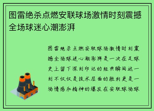 图雷绝杀点燃安联球场激情时刻震撼全场球迷心潮澎湃 图雷绝杀点燃安联球场激情时刻震撼全场球迷心潮澎湃