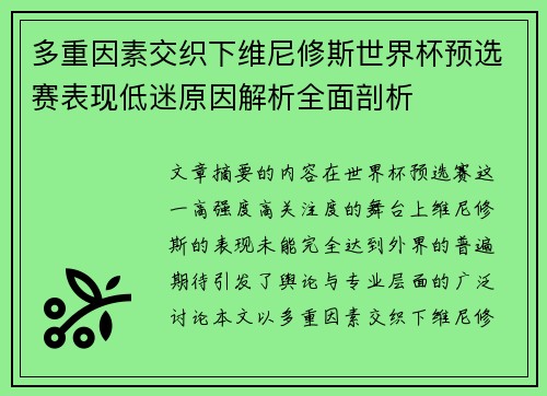 多重因素交织下维尼修斯世界杯预选赛表现低迷原因解析全面剖析