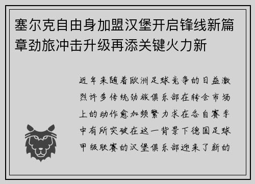 塞尔克自由身加盟汉堡开启锋线新篇章劲旅冲击升级再添关键火力新 塞尔克自由身加盟汉堡开启锋线新篇章劲旅冲击升级再添关键火力新