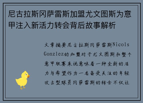 尼古拉斯冈萨雷斯加盟尤文图斯为意甲注入新活力转会背后故事解析