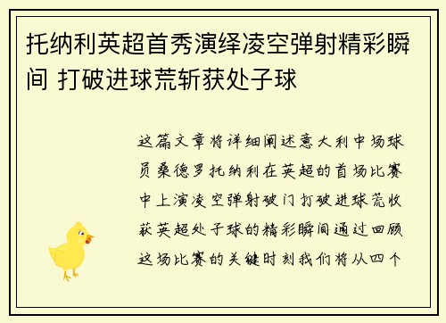 托纳利英超首秀演绎凌空弹射精彩瞬间 打破进球荒斩获处子球 托纳利英超首秀演绎凌空弹射精彩瞬间 打破进球荒斩获处子球